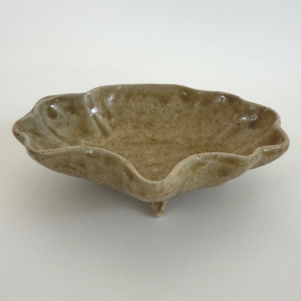 Vintage Asian Studio Pottery Footed Bowl Wavy Rim Speckled Glaze Marked